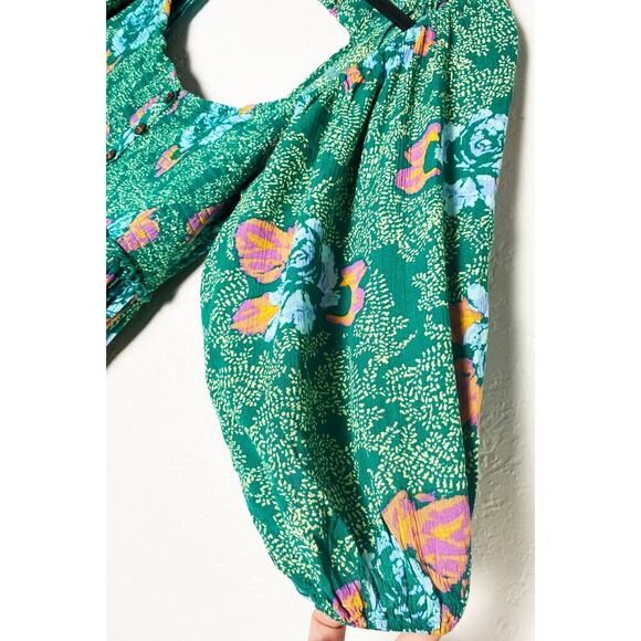 Free People Womens Endless Summer Picnic Printed Smocked Mini Dress Green Floral - Picture 7 of 11